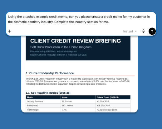 Screen of ChatGPT Microsoft office applications with IBISWorld data