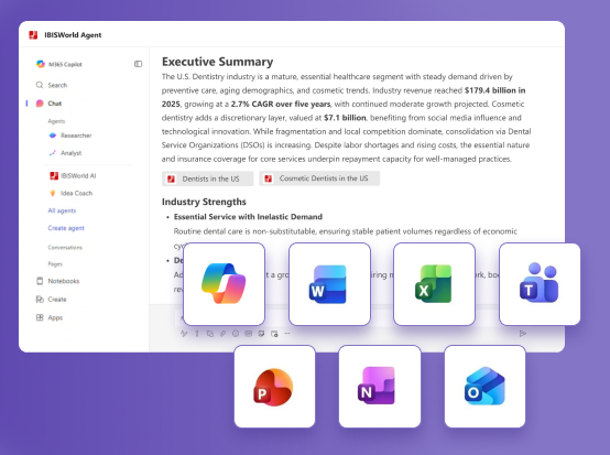 Screen of Copilot Microsoft office applications with IBISWorld data
